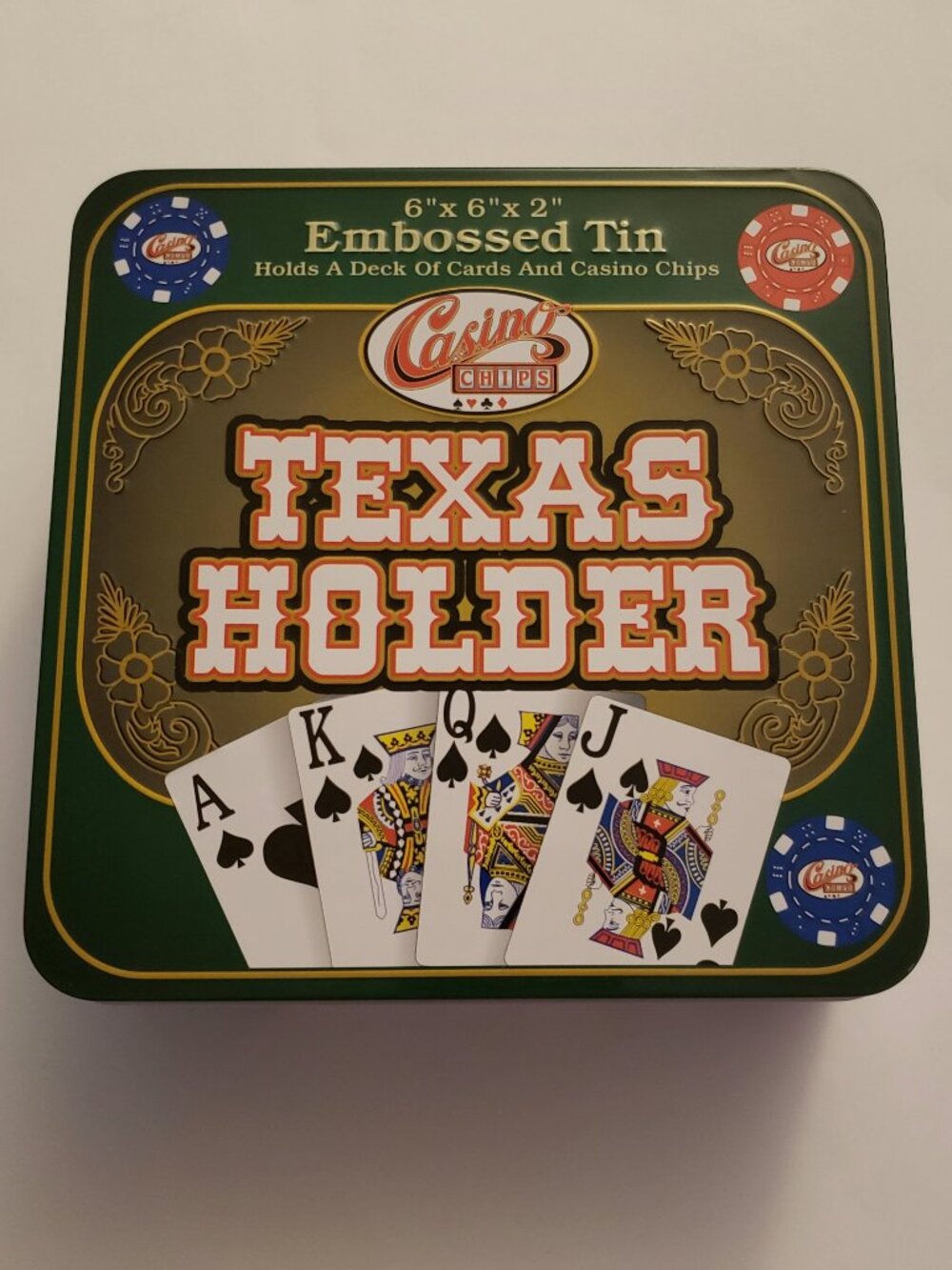 96 Poker Chips 3 Color Set Embossed Texas Holder Metal Tin Blue Green White - Picture 1 of 16